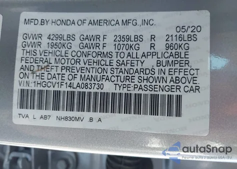 2020 Honda Accord Lx из США, поврежденный, VIN 1HGCV1F14LA083730